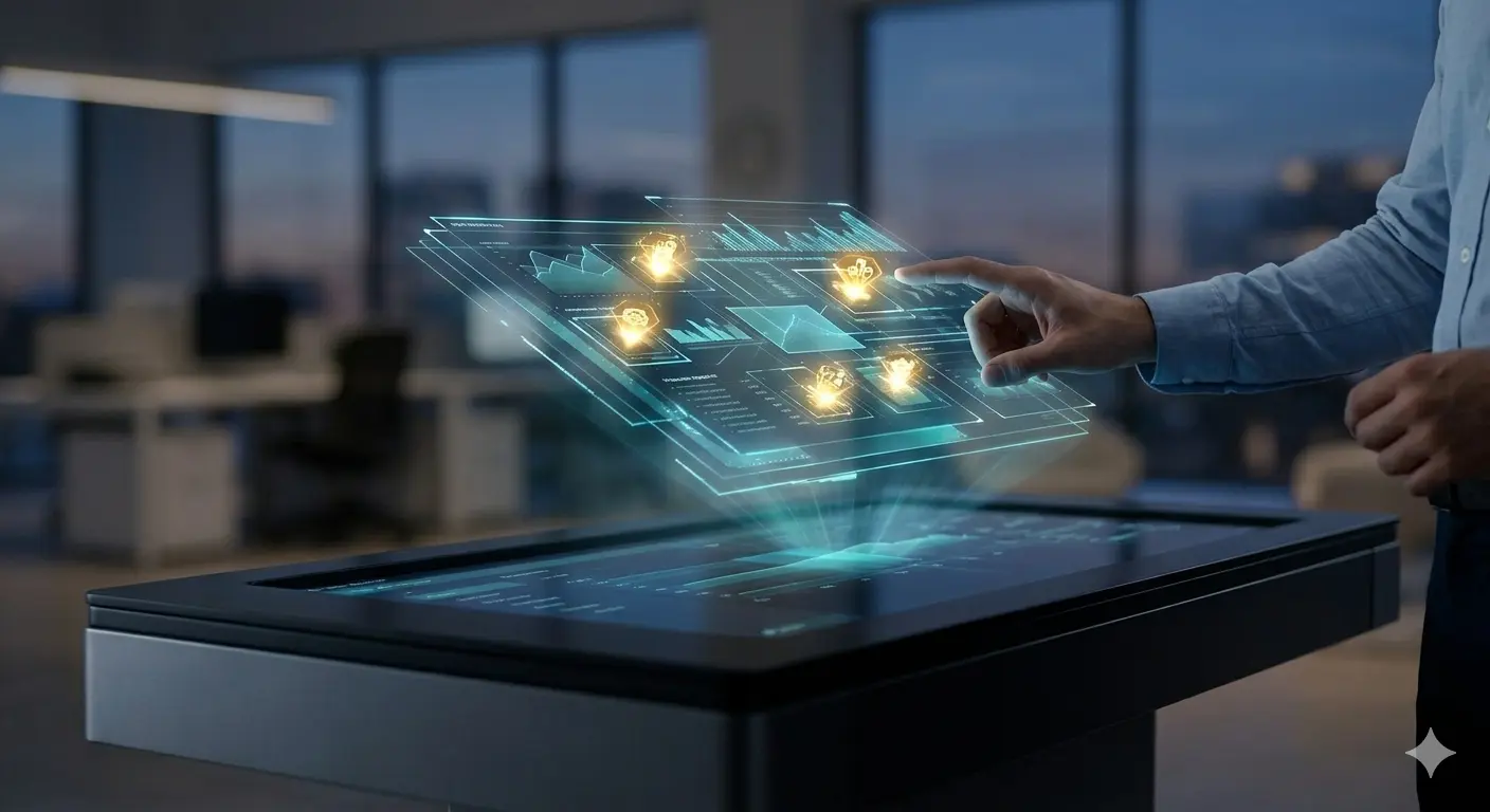 A user interacting with a holographic interface of Business Central, with five specific hidden feature nodes glowing brightly.