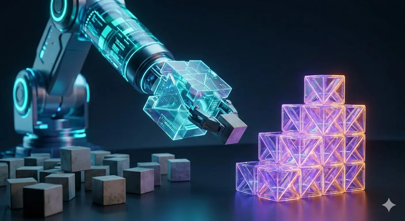A robotic arm at a digital assembly line transforming messy grey cubes into perfectly organized crystalline structures via Power Automate.