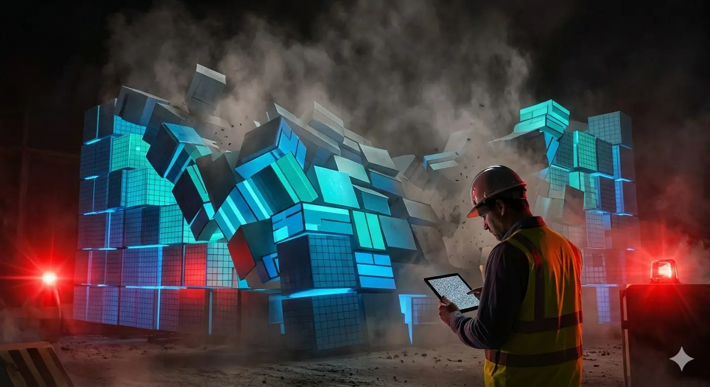 A collapsing structure of digital blocks with a red warning light, symbolizing the risks of a failed ERP implementation.