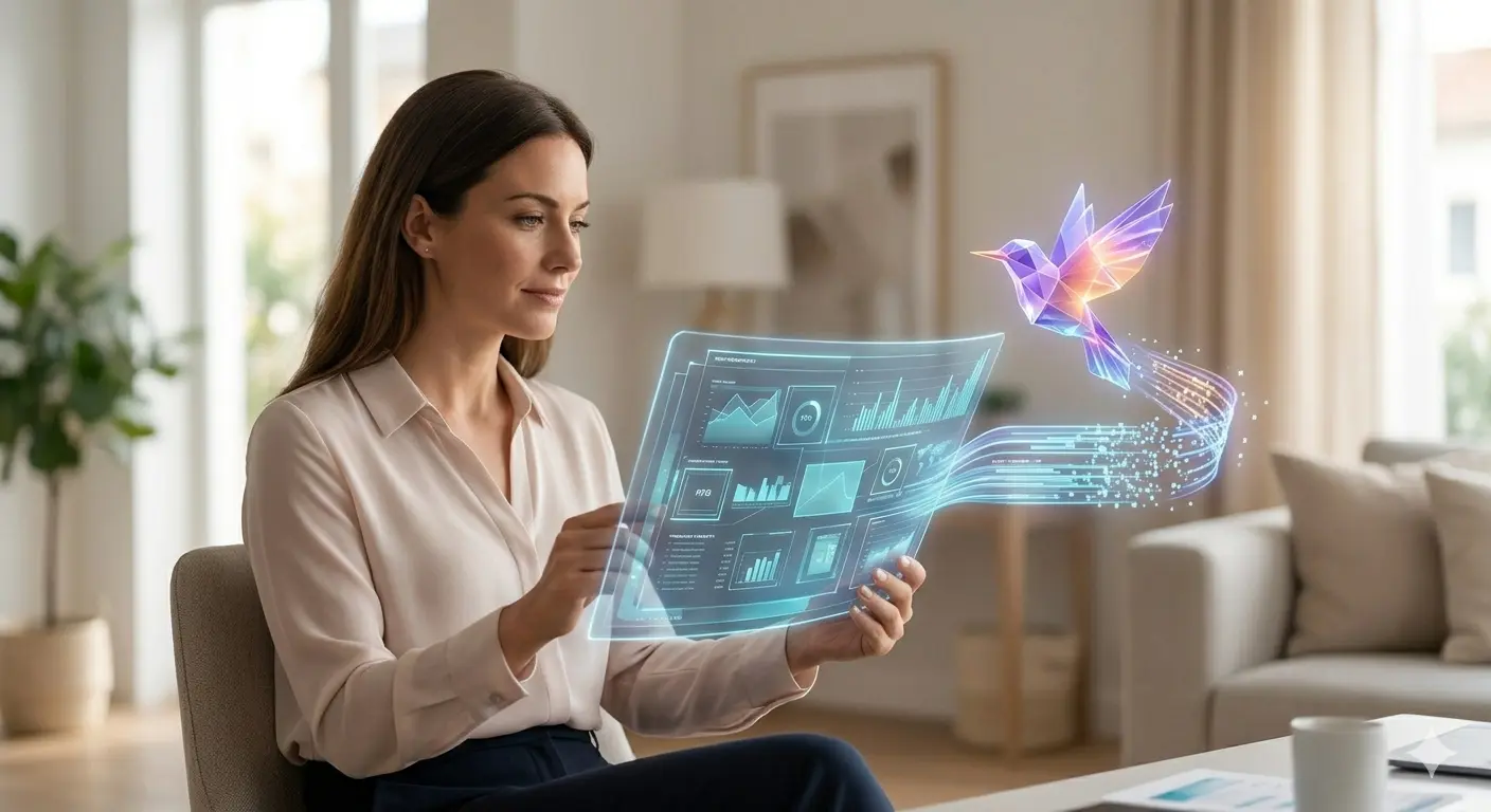 A small business owner using a tablet with a crystalline Copilot bird icon generating AI-driven business insights.