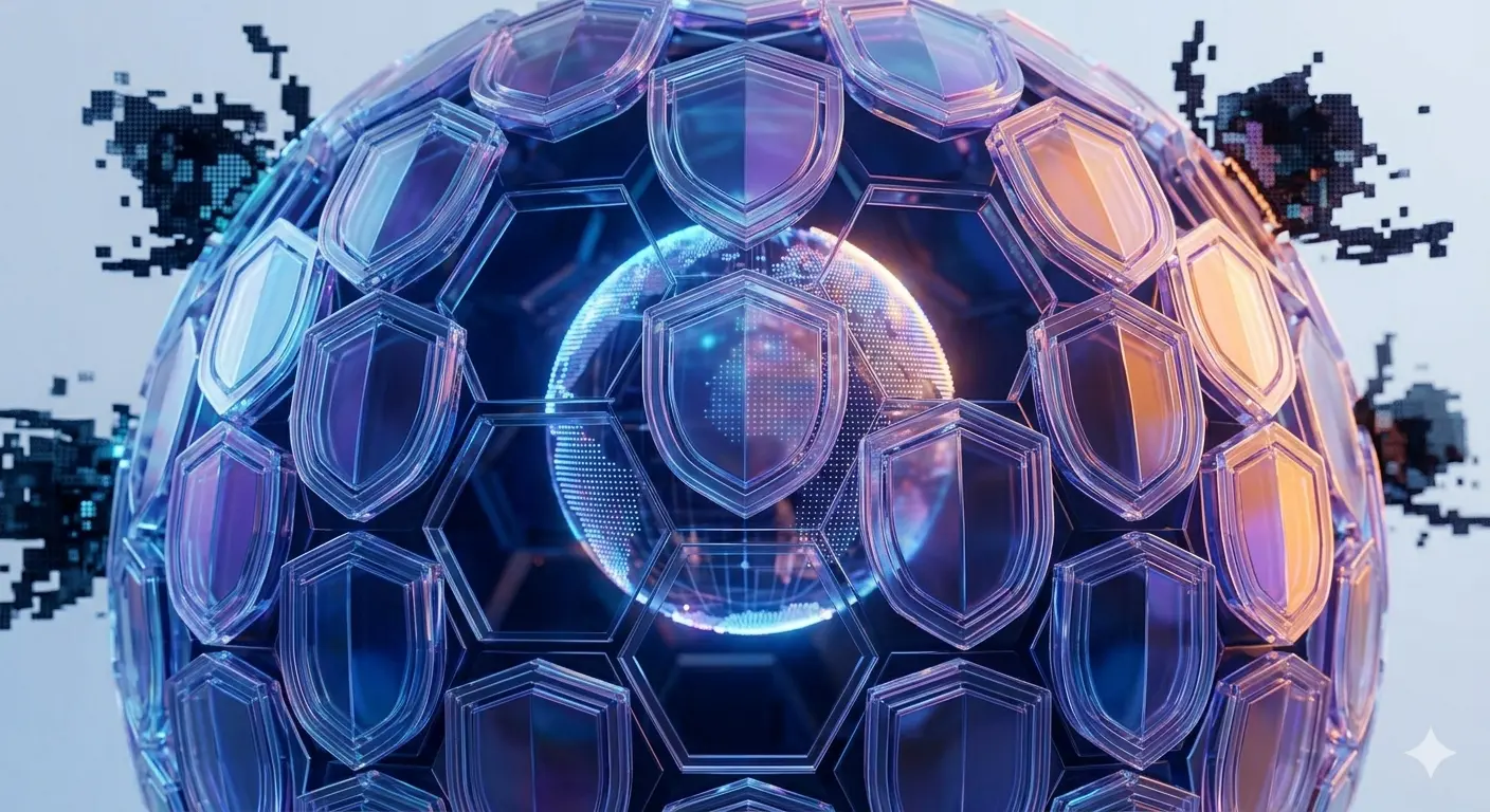 A central data vault protected by multiple layers of interlocking crystalline hexagonal shields representing Microsoft Cloud Security.