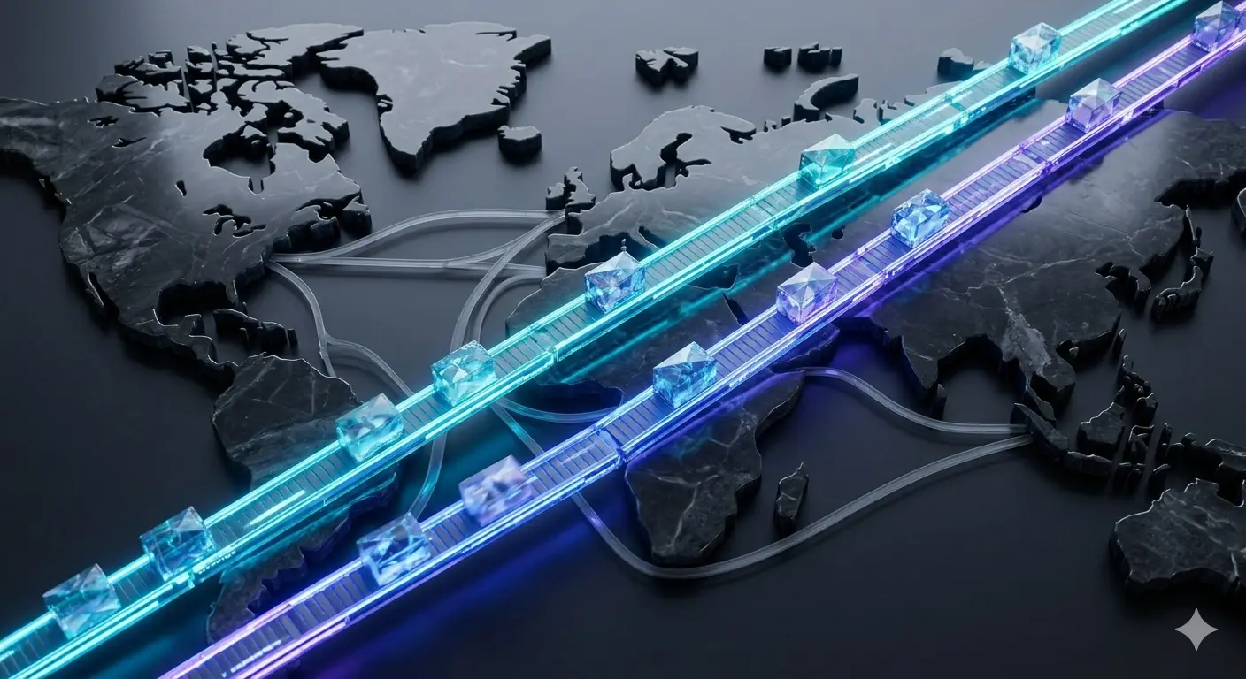 A global map showing three optimized, glowing supply chain routes outperforming traditional grey logistical lines.