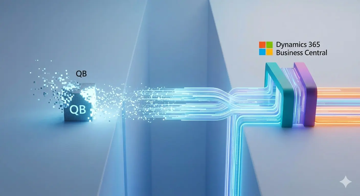 A glowing digital data bridge connecting a simple cube representing QuickBooks to a robust Microsoft Dynamics 365 Business Central foundation.