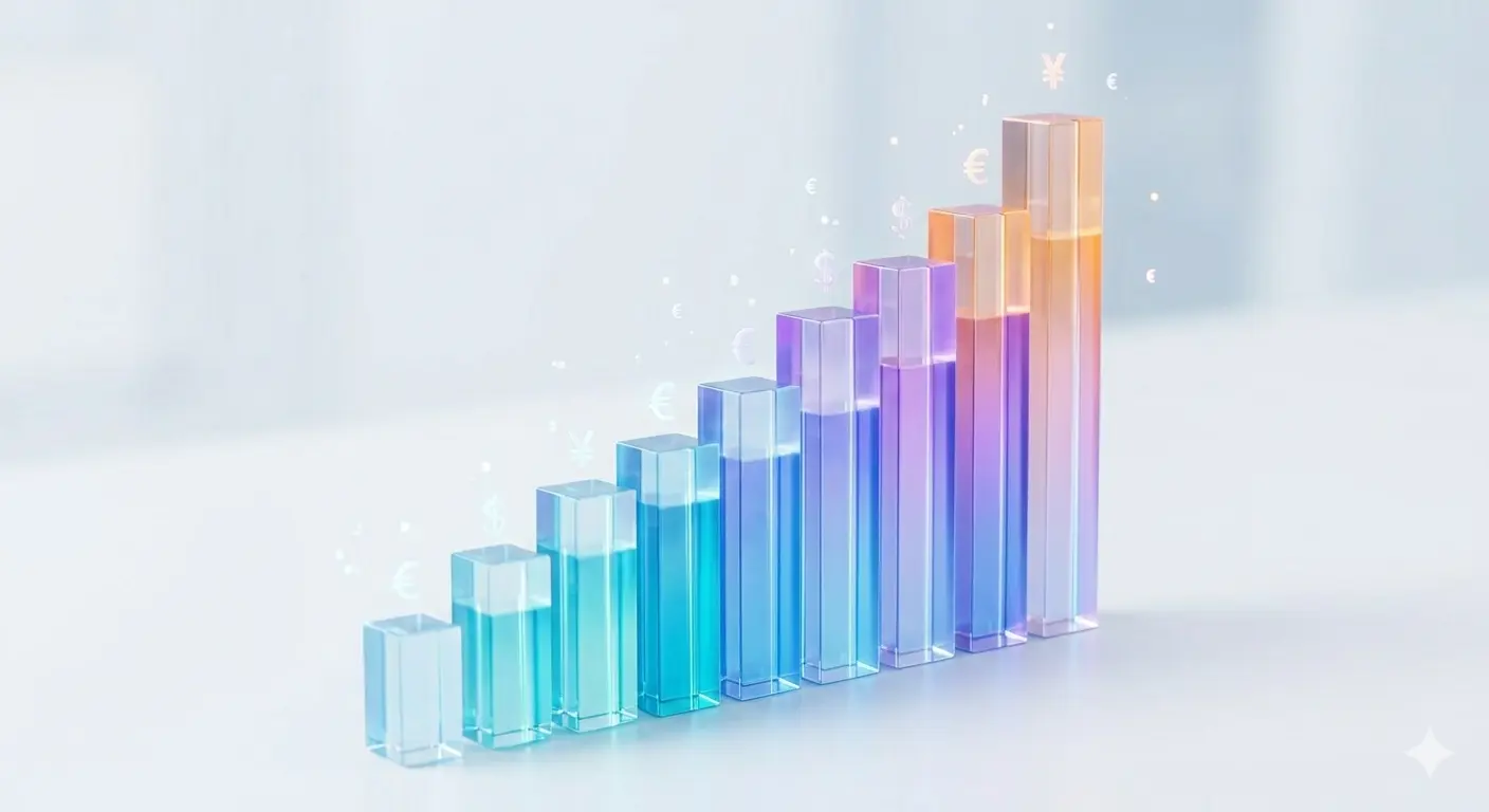 A clean financial bar chart made of translucent violet and blue blocks showing the ROI and true cost of D365 Business Central in 2026.