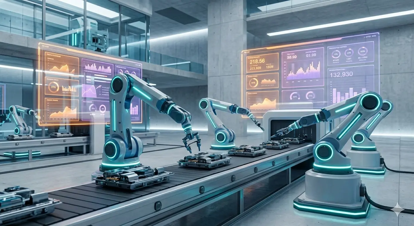 A futuristic 2026 manufacturing plant with robotic arms and holographic production schematics powered by Dynamics 365 Business Central.