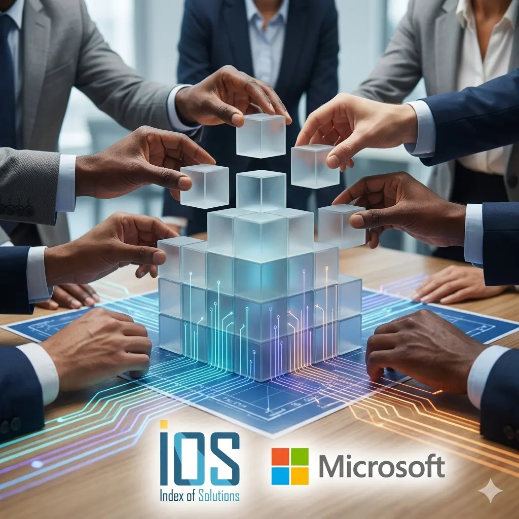 A group of professionals collaborating over a blueprint to build a D365 structure, featuring the Index of Solutions and Microsoft logos.